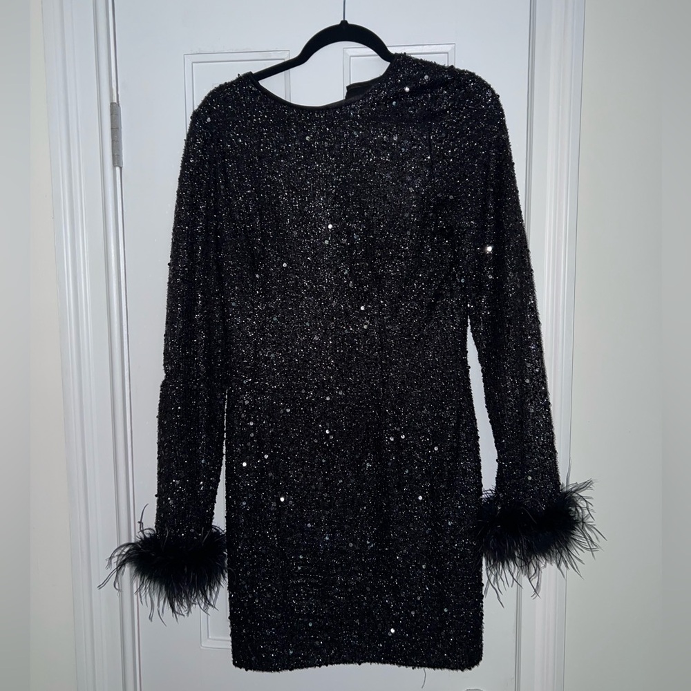 Long sleeve sequin dress with feather sleeves